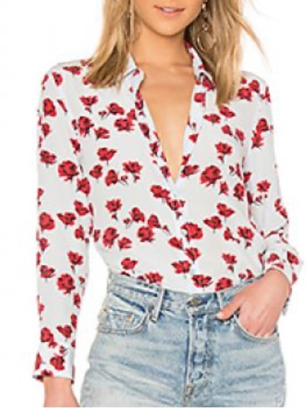 Floral Button-Front Blouse - White with Red Floral